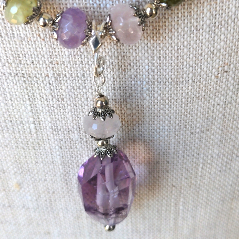 Genuine Gemstone Beaded Necklace, Amethyst Pendant, Silver, Handcrafted, New - Picture 3 of 9